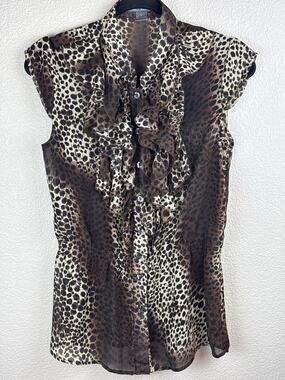 Isabella Rodriguez Leopard Sheer Sleeveless Ruffled Blouse Size Large